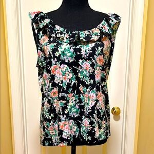 Chaps Pink and Green Ruffled Bib Collar Knit Top